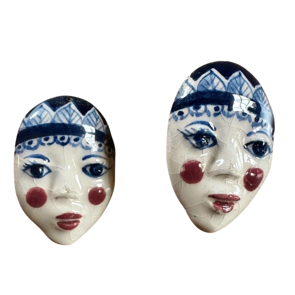 Vintage Ceramic Face Clip-On Earrings | Hand-Painted Whimsical Folk Art Jewelry - Picture 1 of 11
